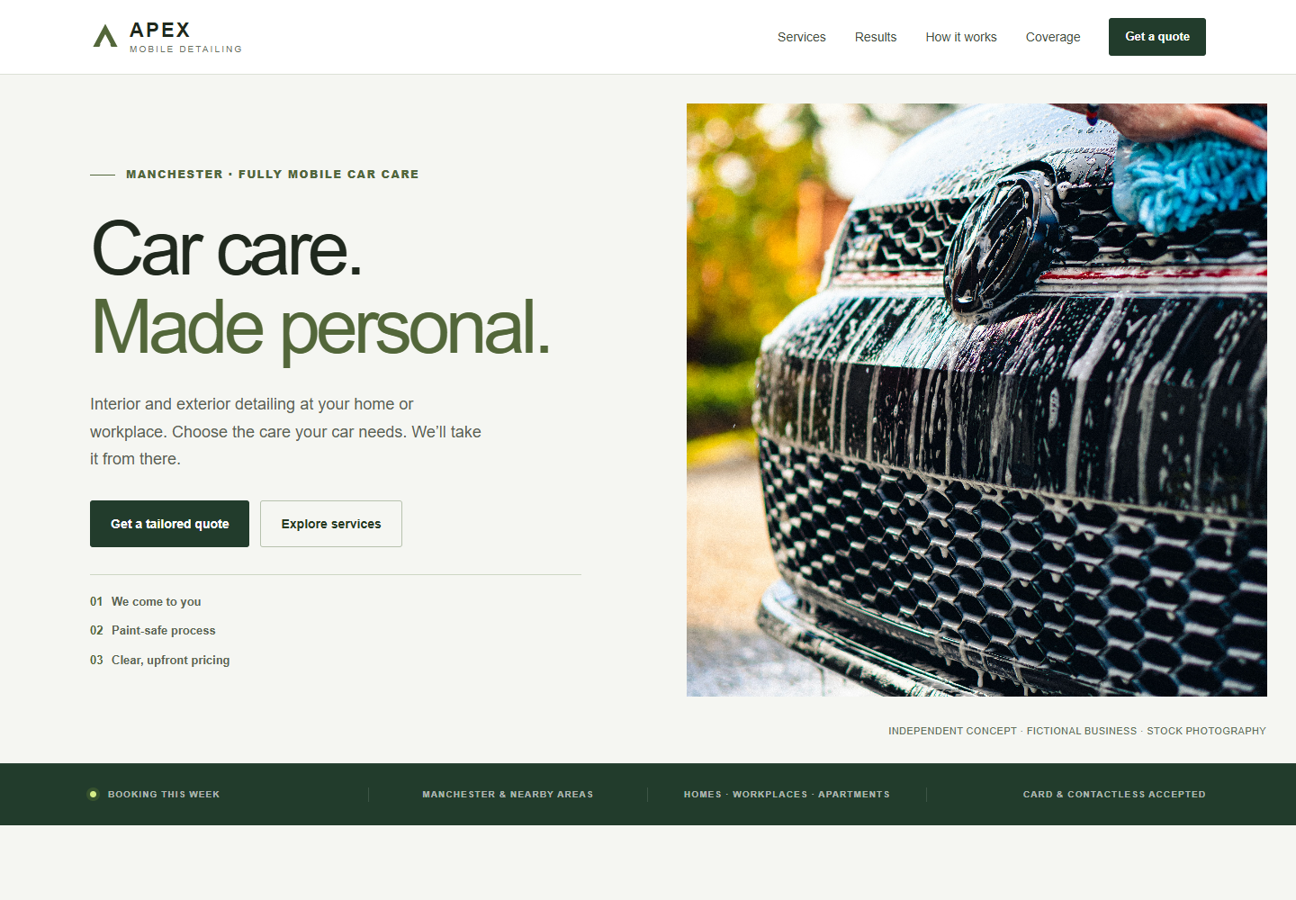 Apex website design study, with a simple service introduction and licensed car-care photography